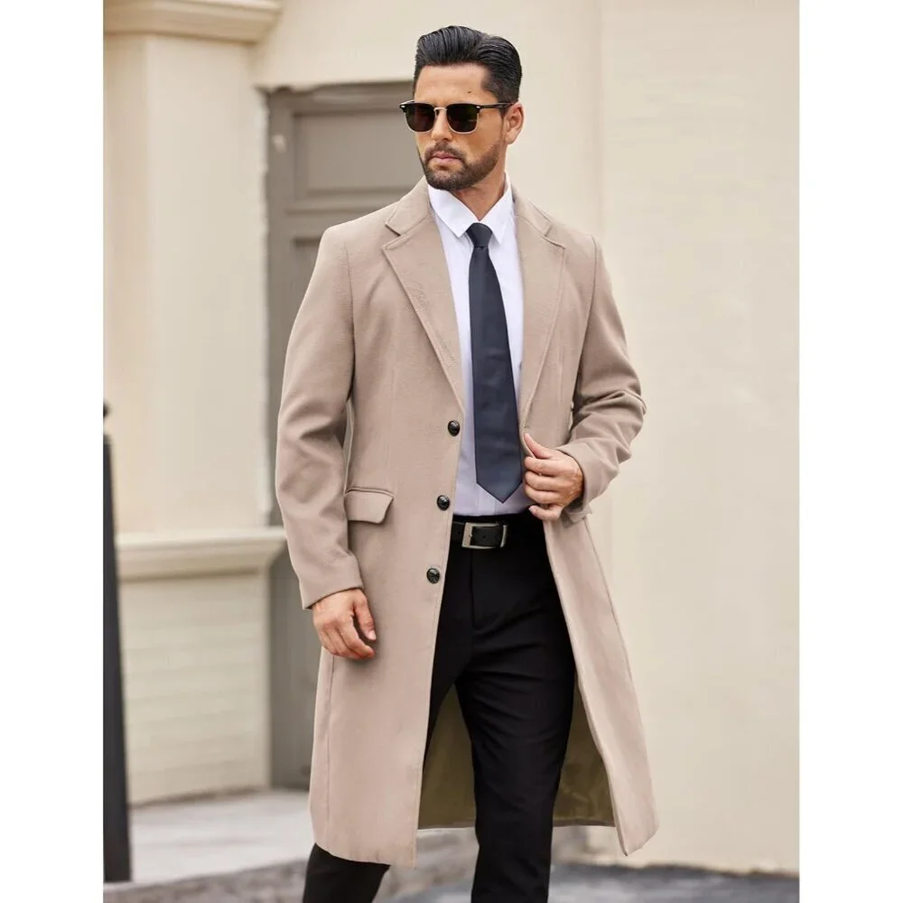 Men's Khaki Trench Coat Long Casual Overcoat Notched Collar Wool Blend Pea coat